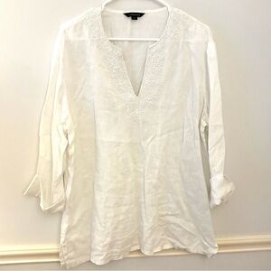 LANDS END White Embroidered Glass Beads Linen Tunic Blouse